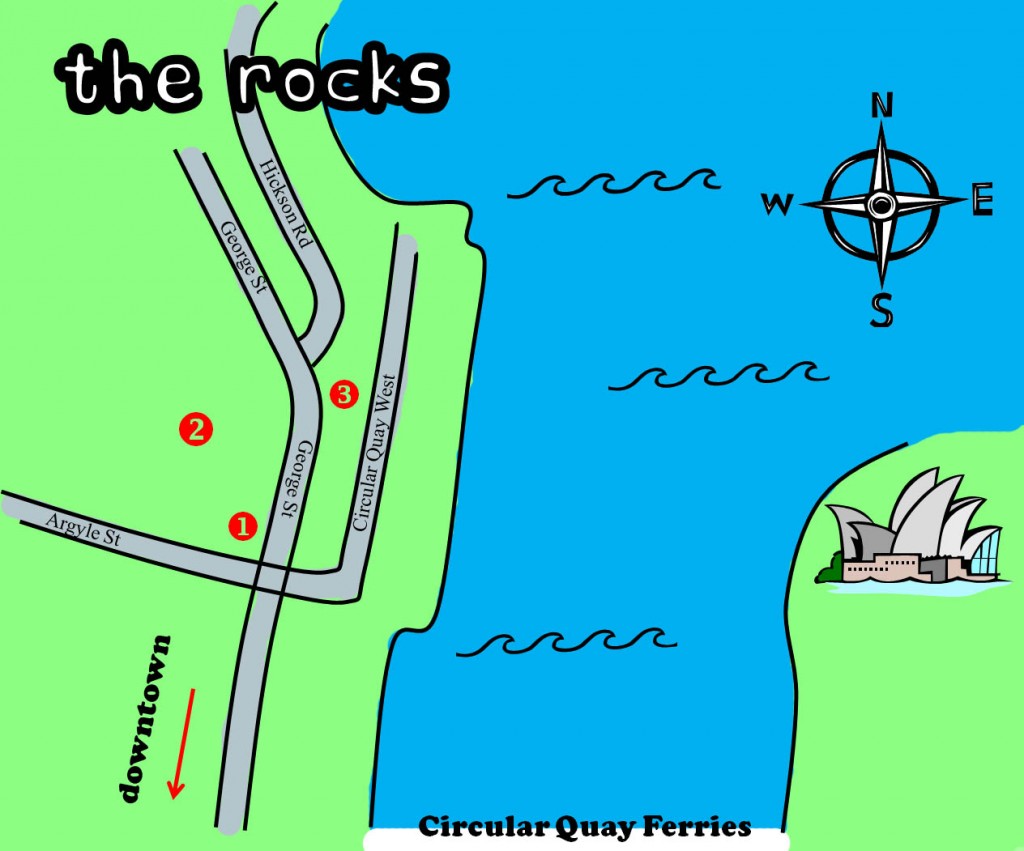 map showing yarn shops in Sydney, Australia - The Rocks neighborhood