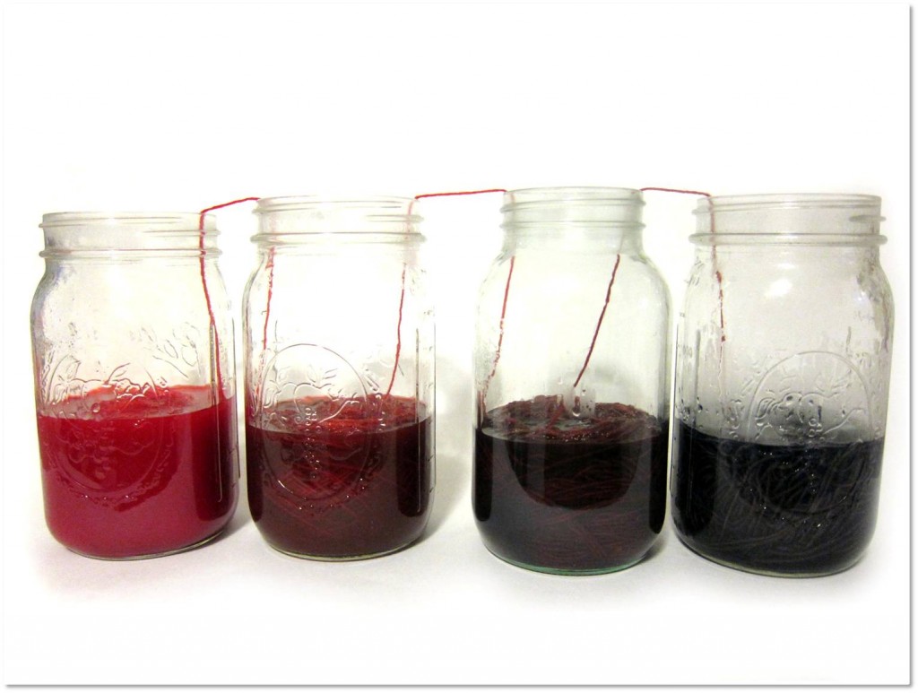 Four mason jars holding a blend of dye shading from red to deep purple - each with a ball of yarn soaking up the dye